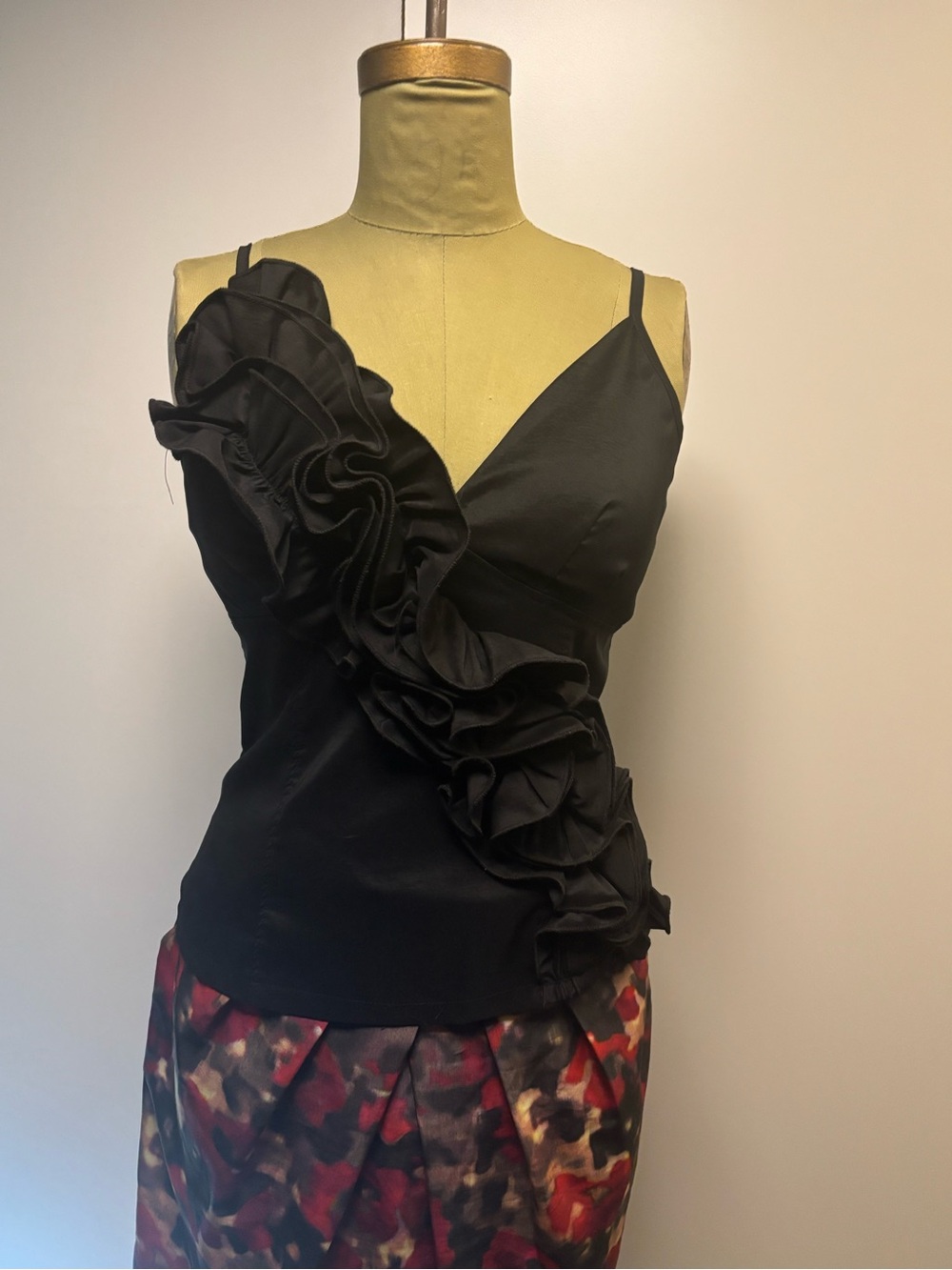 Black Ruffle-Accent Spaghetti Strap Top